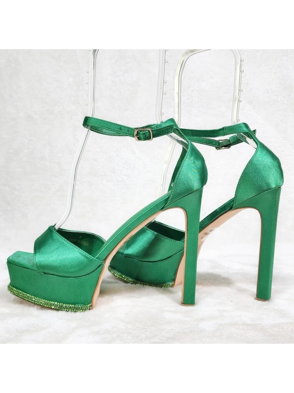 NIB Helen Green Satin Rhinestone Trim Party Evening Platform High Heel Shoes